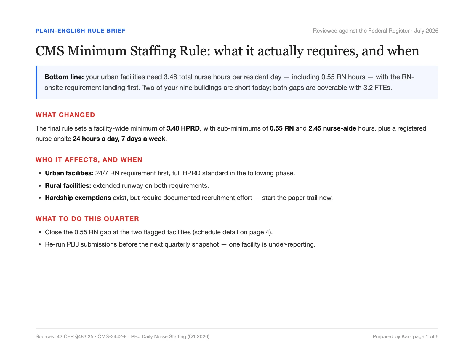 Plain-English brief on the CMS minimum staffing rule with a bottom-line summary and what-to-do checklist
